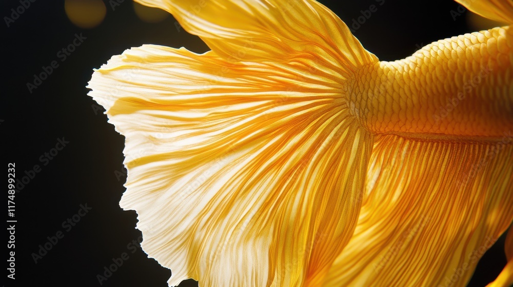 Poster close-up of a vibrant goldfish tail displaying intricate textures and bright colors.