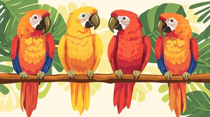 A colorful illustration of four parrots perched on a branch among tropical leaves.