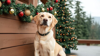 A yellow Labrador sits beside festive decorations, including ornaments and a Christmas tree, creating a cozy holiday atmosphere.