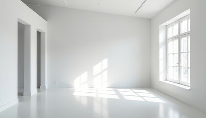 Fototapeta premium A spacious white studio room with plenty of natural light provides a clean, bright backdrop.