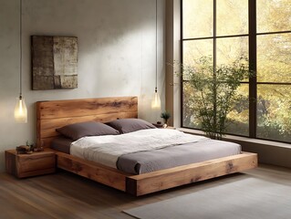 Minimalist bedroom with blurred background of bedside lamps and decor 