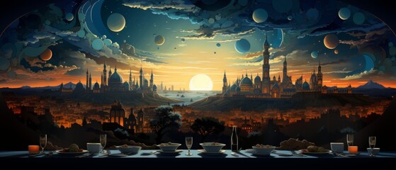 Obraz premium Colorful Illustration of a Festive Passover Celebration with Sunset