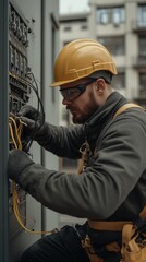 A male commercial electrician wearing safety gear works intently on a fuse box, handling wires efficiently. Urban background visible.
