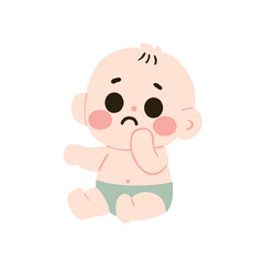 Adorable Baby Illustration Sad Thoughtful Infant in Diaper
