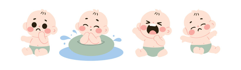Adorable Baby Illustrations Diverse Emotions Swimming and Playing