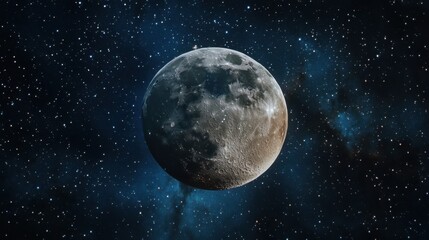 Obraz premium A stunning view of a full moon against a backdrop of twinkling stars in a deep blue galaxy.