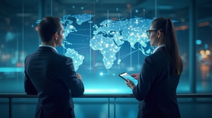 Two professionals observe a digital network, symbolizing innovation and technology in a modern, corporate setting. 