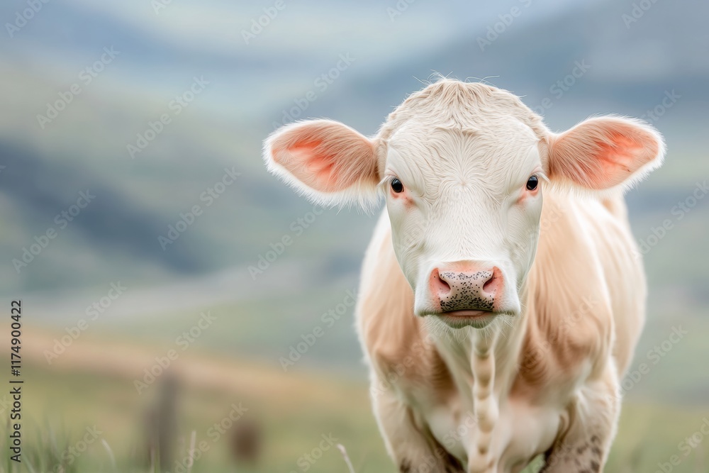 Poster white cow is standing in a field with a fence behind it. the cow has a curious expression on its fac