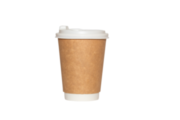 Disposable craft paper coffee cup with white cover isolated on white background, mock up