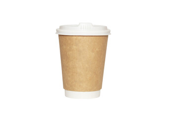 Disposable craft paper coffee cup with white cover isolated on white background, mock up
