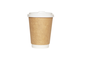 Disposable craft paper coffee cup with white cover isolated on white background, mock up