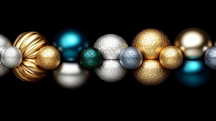 Metallic Christmas baubles row, dark background, holiday design.