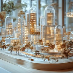 Architect s Futuristic Model of Gleaming High Tech Cityscape with Towering Skyscrapers