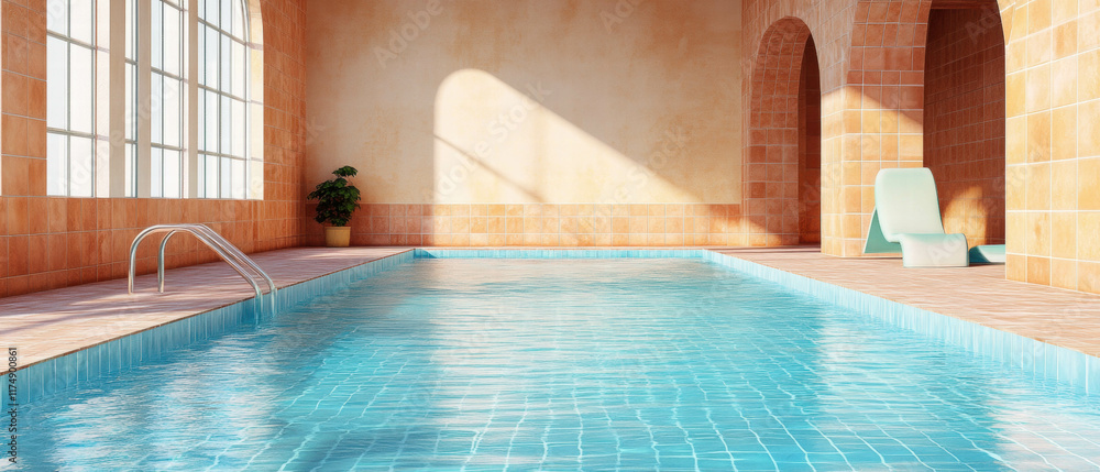 Poster mediterranean style pool with terracotta tiles in an elegant empty backdrop