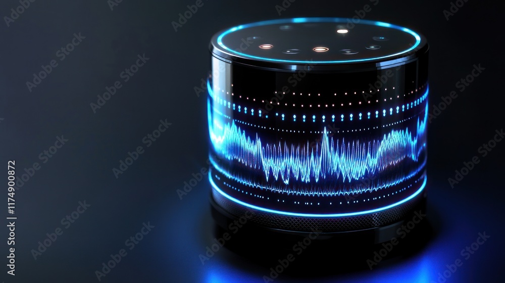 Poster smart speaker with sound wave visualization: futuristic technology