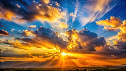 Golden Hour Sunset: Sunbeams Breaking Through Evening Clouds