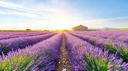 Fototapeta premium Sunset over lavender fields with stone cottage in provence