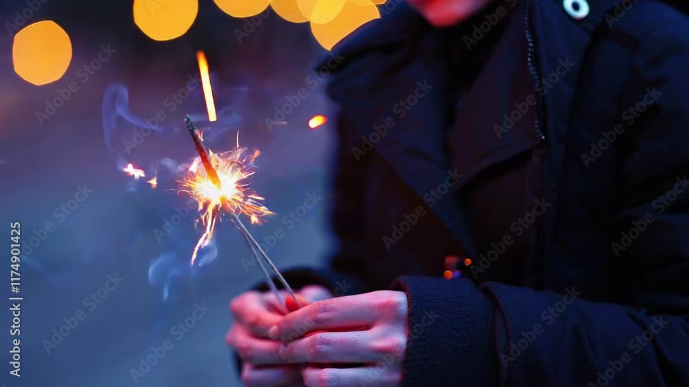 Poster hands holding sparklers with bokeh background