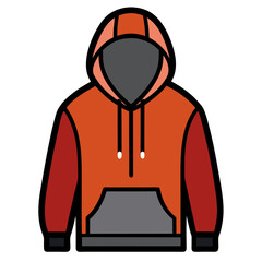 Orange and Gray Hoodie with Front Pocket, Flat vector illustration of an orange hoodie featuring gray accents, drawstrings, and a large front pocket, perfect for casual fashion themes. 
