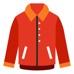 Red Jacket with Orange Collar and Buttons, Flat vector illustration of a red jacket featuring an orange collar, white buttons, and pockets, ideal for casual or fashion concepts. 
