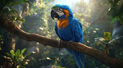 A vibrant blue-and-yellow macaw perched on a branch in a lush, tropical forest.