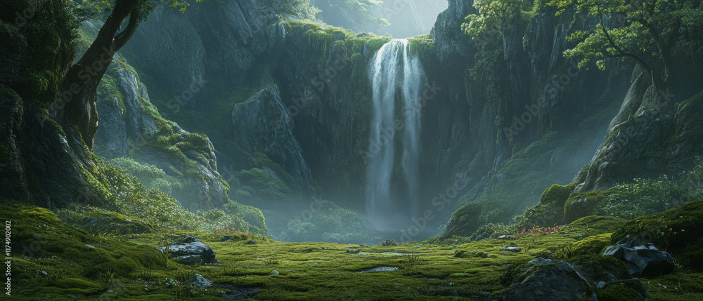 Poster discovering tranquility at a hidden moss-covered waterfall in a serene forest setting