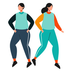 Women in Colorful Activewear Walking Together, Flat vector illustration of two women walking together, wearing modern colorful activewear with teal, orange, and black elements. 

