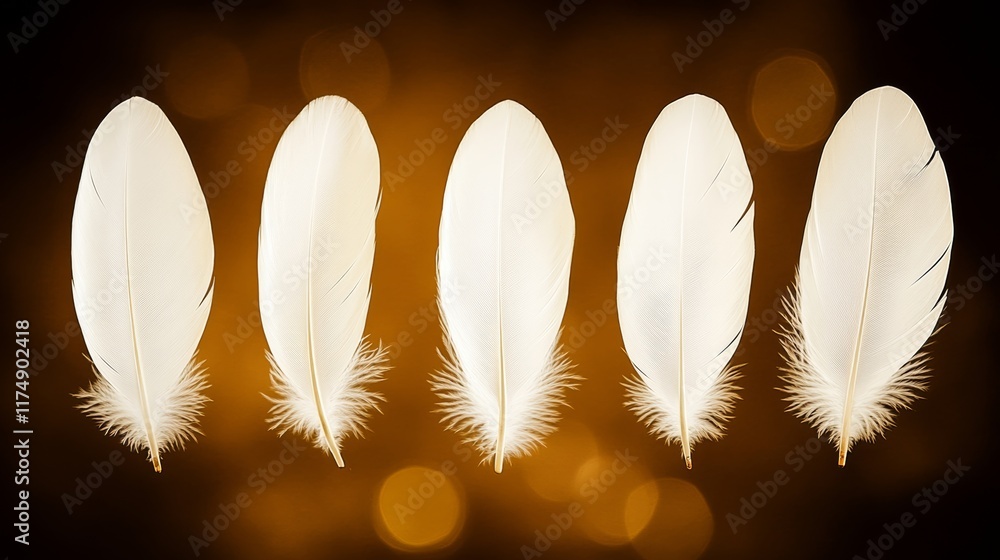 Poster row of white feathers on a brown background. the feathers are all the same size and shape