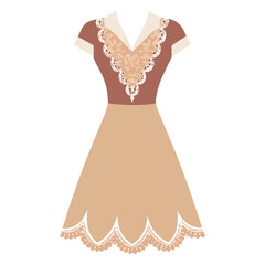 Beige and Brown Dress with Lace Details, Vector illustration of a beige and brown dress featuring intricate lace accents on the bodice and scalloped hemline, perfect for vintage-inspired fashion. 
