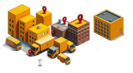 Isometric city logistics, delivery trucks, location markers.