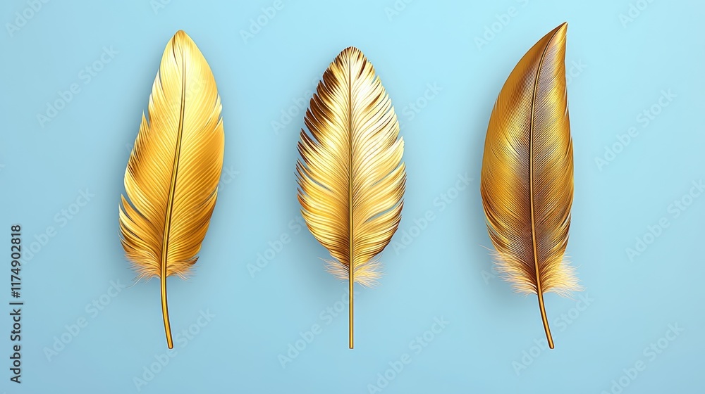 Poster three golden feathers are displayed on a blue background. the feathers are arranged in a row, with t
