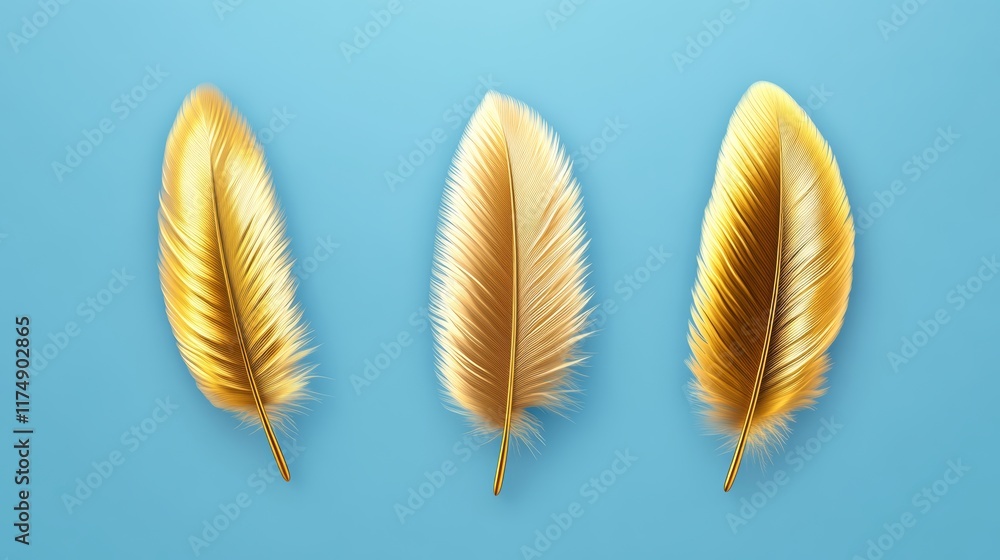 Poster three golden feathers are displayed on a blue background. the feathers are arranged in a row, with t