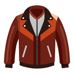 Brown Leather Jacket with Silver Accents, Vector illustration of a brown leather jacket featuring silver sleeve accents, an orange inner lining, and a bold lapel design, ideal for edgy fashion. 
