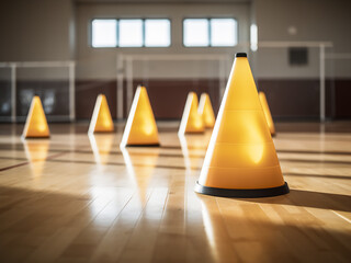 Training cones placed on a hardwood court floor for basketball futsal and volleyball practice