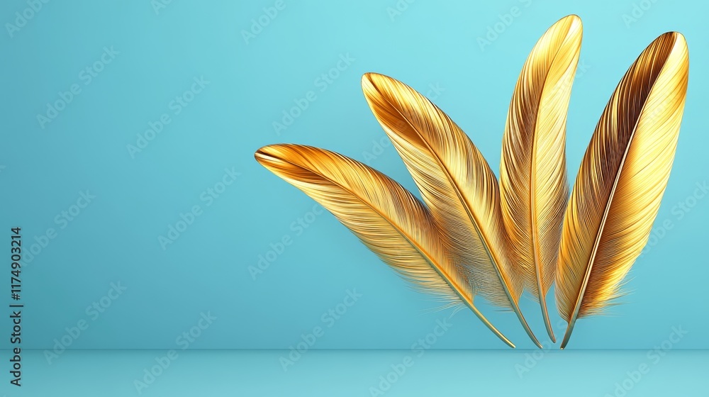 Poster blue background with four golden feathers on it. the feathers are arranged in a way that they look l
