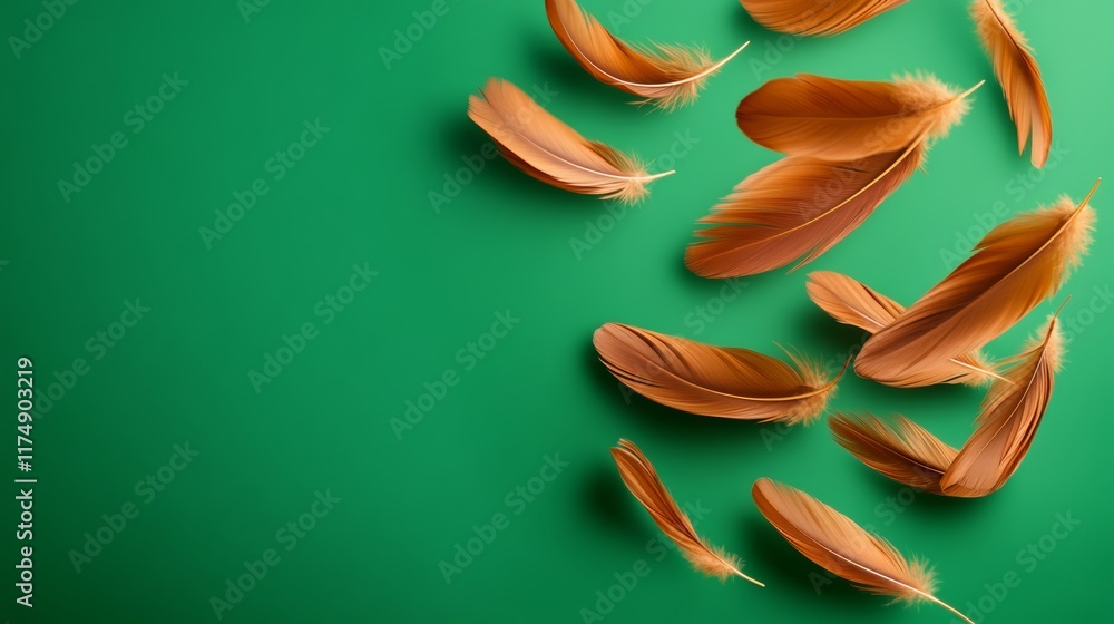 Poster green background with a bunch of brown feathers scattered around it. the feathers are in different s
