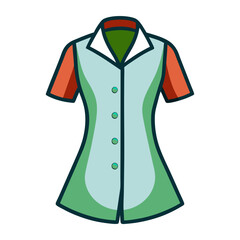 Green and White Button-Up Shirt with Orange Sleeves, Vector illustration of a green and white button-up shirt featuring orange short sleeves and a fitted design, perfect for modern fashion concepts. 
