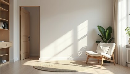 Fototapeta premium A contemporary light-toned studio room with natural light offers a soft and airy setting.