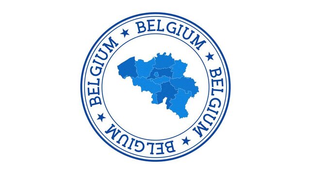 Belgium intro. Badge with the circular name and map of country. Belgium round logo animation.