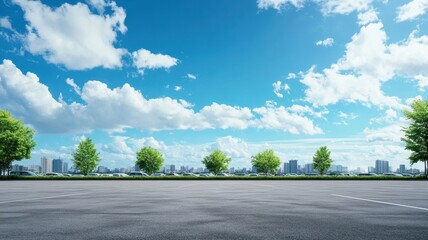 Fototapeta premium Expansive view of a wide, empty asphalt parking lot under a clear blue sky, perfect for urban exploration.
