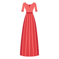 Red Gown with Pleated Skirt and Sleeves, Sophisticated vector illustration of a red gown featuring a pleated skirt, three-quarter sleeves, and a fitted bodice, perfect for formal wear. 
