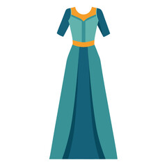 Teal Gown with Yellow Accents and Sleeves, Elegant vector illustration of a teal gown featuring short sleeves, yellow accents, and a flowing design, perfect for formal fashion themes. 
