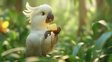 A cute white cockatoo playfully enjoying a piece of cheese in a lush green jungle setting.