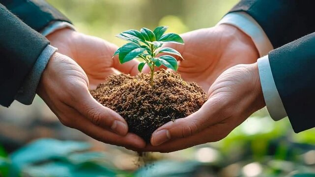Two pairs of hands, dressed in business suits, are holding a small clod of earth, from which grows a young green plant with several leaves.