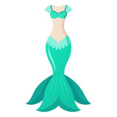 Fantasy Mermaid Costume with Fishtail Skirt, Vector illustration of a fantasy mermaid costume featuring a teal fishtail skirt, off-shoulder top, and scalloped waistline, perfect for themed designs.  

