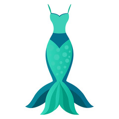 Mermaid-Inspired Dress with Spaghetti Straps, Vector illustration of a mermaid-inspired dress featuring a teal bodice, fishtail skirt, spaghetti straps, and decorative scale-like patterns for a unique