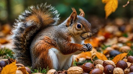 Obraz premium Adorable Squirrel Surrounded by Nuts in a Forest Setting, Showcasing Wildlife, Autumn Themes, and Playful Curiosity