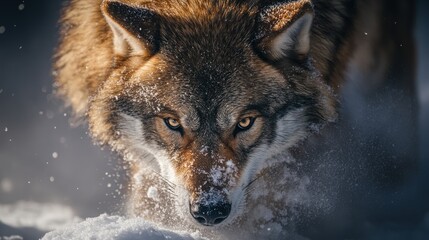 Obraz premium A fierce gray wolf prowls through the snowy landscape, showcasing its powerful gaze and majestic fur.