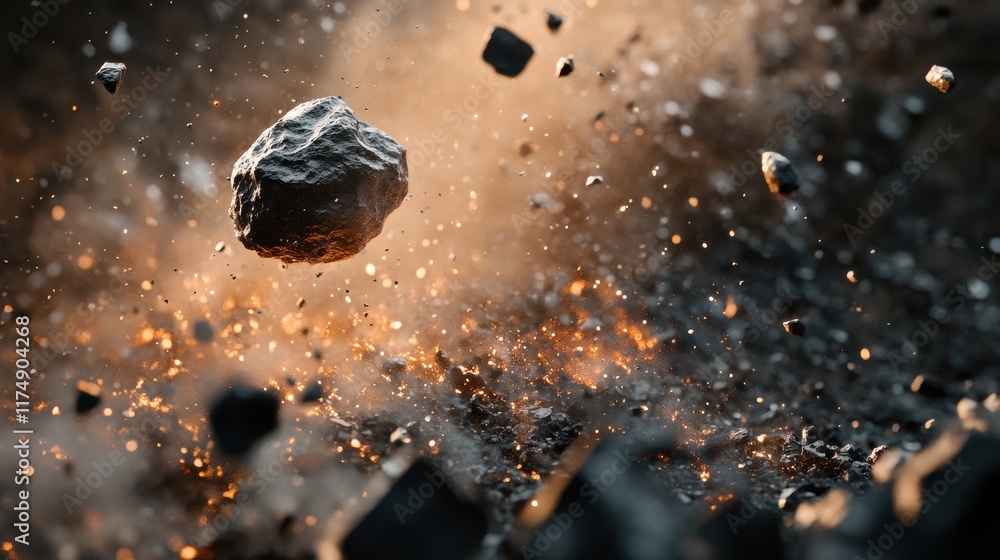 Poster an explosion of rocky debris with sparks, creating a dynamic and intense atmosphere.