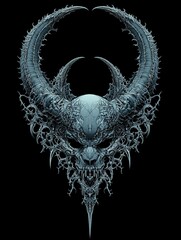 Horned demon skull with intricate details on black background, ideal for dark designs.